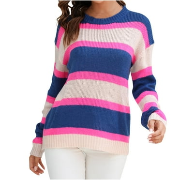 Scyoekwg Sweaters for Women Knitted Sweater Striped Crewneck Sweater Warm Casual Long Sleeve Fall Winter Clothes Pullover Sweaters(Blue,L)