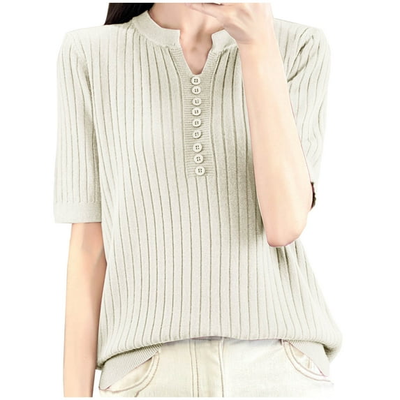 Scyoekwg Sweaters for Women Short Sleeve Knit Sweaters Button V Neck Elegant Shirts Casual Loose Pullover (Beige,XXL)