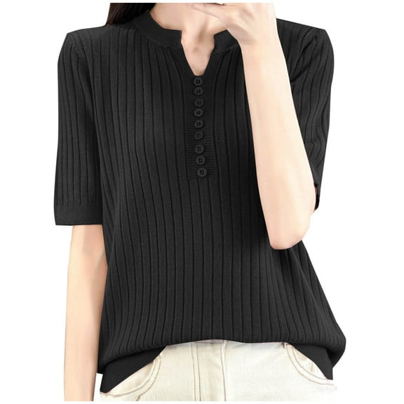 Scyoekwg Sweaters for Women Short Sleeve Knit Sweaters Button V Neck Elegant Shirts Casual Loose Pullover (Black,L)