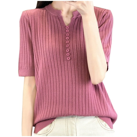 Scyoekwg Sweaters for Women Short Sleeve Knit Sweaters Button V Neck Elegant Shirts Casual Loose Pullover (Pink,XXL)