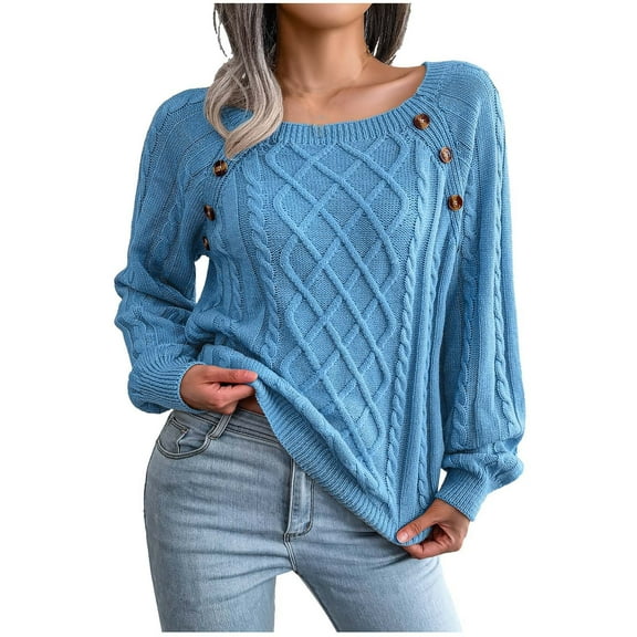 Scyoekwg Sweaters for Women Trendy Long Sleeve Crewneck Sweater Knitted Sweater Fall Winter Clothes Solid Color Warm Casual Pullover Tops(Sky Blue,L)
