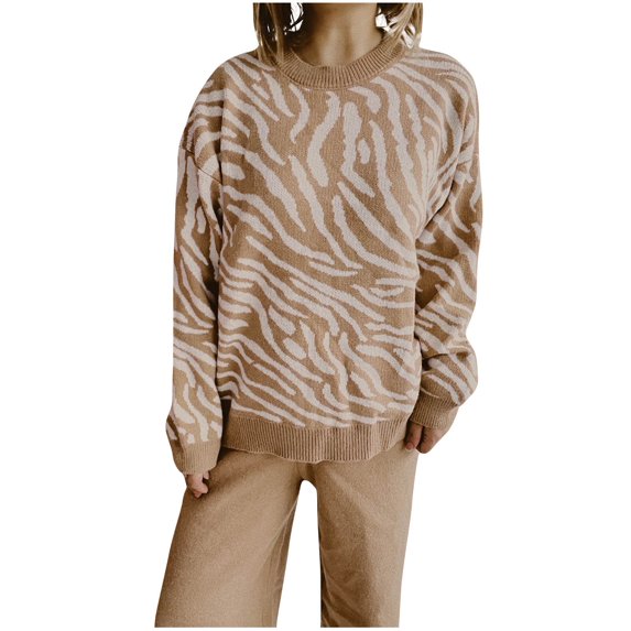 Scyoekwg Sweaters for Women Trendy Warm Casual Long Sleeve Fall Winter Clothes Knitted Sweater Striped Crewneck Sweater Pullover Tops(Khaki,S)