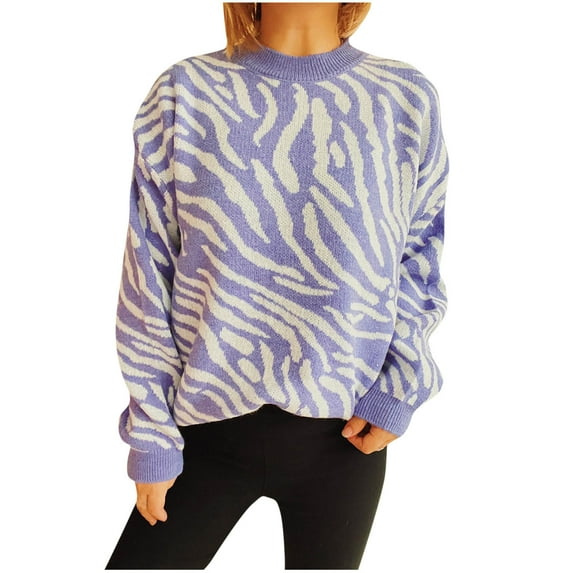 Scyoekwg Sweaters for Women Trendy Warm Casual Long Sleeve Fall Winter Clothes Knitted Sweater Striped Crewneck Sweater Pullover Tops(Purple,L)