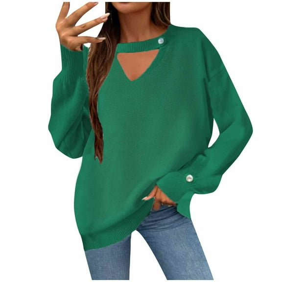 Scyoekwg Sweaters for Women V-Neck Sweater Long Sleeve Warm Casual Fall Winter Clothes Knitted Sweater Solid Color Pullover Sweaters(Green,M)
