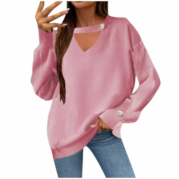 Scyoekwg Sweaters for Women V-Neck Sweater Long Sleeve Warm Casual Fall Winter Clothes Knitted Sweater Solid Color Pullover Sweaters(Pink,L)