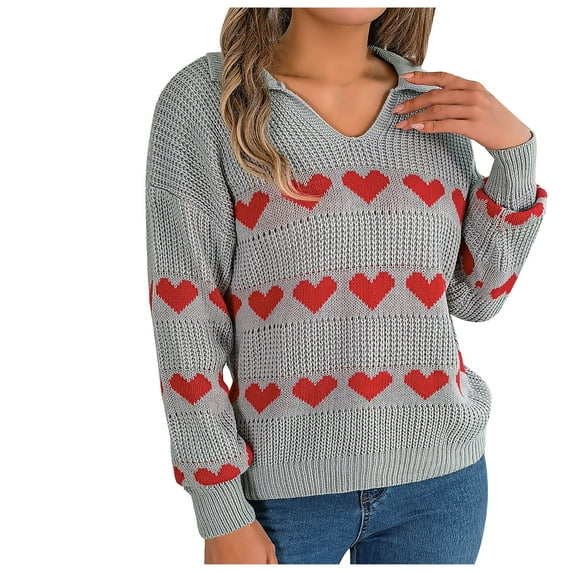 Scyoekwg Sweaters for Women Warm Casual Knitted Sweater Heart Print V-Neck Sweater Long Sleeve Fall Winter Clothes Pullover Sweaters(Gray,M)