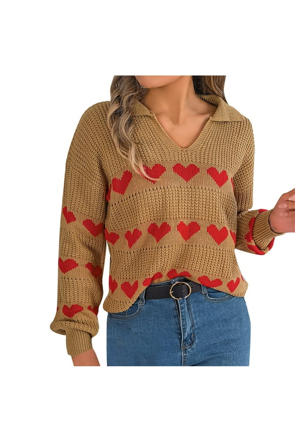 Sweaters for Women Warm Casual Knitted Sweater Heart Print V-Neck Sweater Long Sleeve Fall Winter Clothes Pullover Sweaters(Khaki,L)