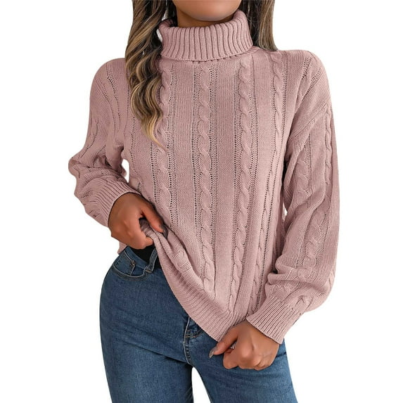 Scyoekwg Sweaters for Women Warm Casual Knitted Sweater Solid Color Turtleneck Sweater Long Sleeve Fall Winter Clothes Pullover Sweaters(Pink,L)