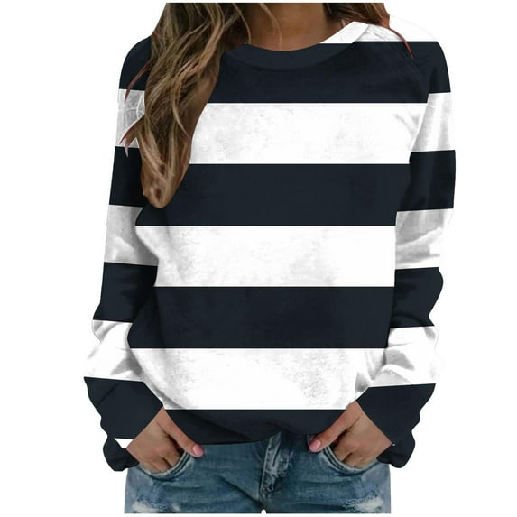 Scyoekwg Sweatshirt for Women Round Neck Raglan Sleeve Sweatshirt Long Sleeve Striped Dressy Casual Blouse Tops for Women Trendy Loose Pullover (Navy,S)
