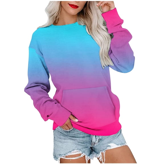 Scyoekwg Sweatshirt for Women Crewneck Sweatshirt with Pocket Long Sleeve Tops for Women Trendy Loose Gradient Color Pullover (Blue,L)