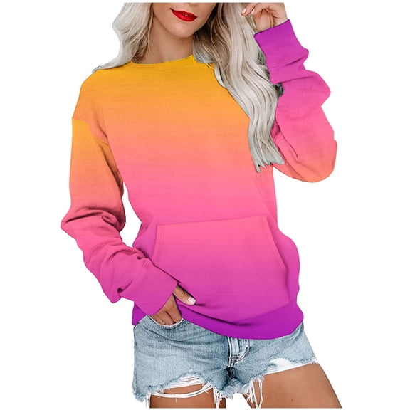 Scyoekwg Sweatshirt for Women Crewneck Sweatshirt with Pocket Long Sleeve Tops for Women Trendy Loose Gradient Color Pullover (Orange,S)