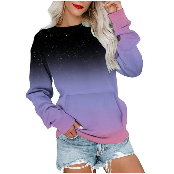 Scyoekwg Sweatshirt for Women Crewneck Sweatshirt with Pocket Long Sleeve Tops for Women Trendy Loose Gradient Color Pullover (Pink,S)