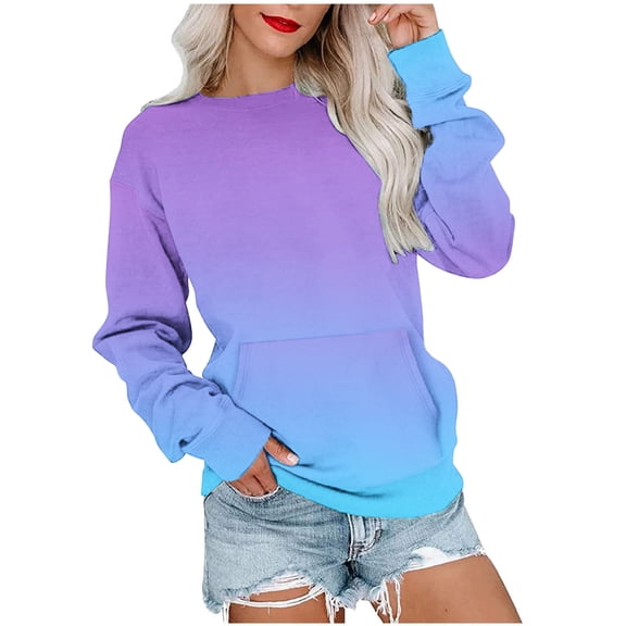 Scyoekwg Sweatshirt for Women Crewneck Sweatshirt with Pocket Long Sleeve Tops for Women Trendy Loose Gradient Color Pullover (Sky Blue,L)