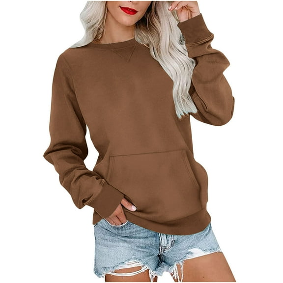 Scyoekwg Sweatshirt for Women Long Sleeve Crew Neck Sweatshirt with Pocket Trendy Loose Fall Tops Solid Color Women Blouses Pullover (Brown,L)