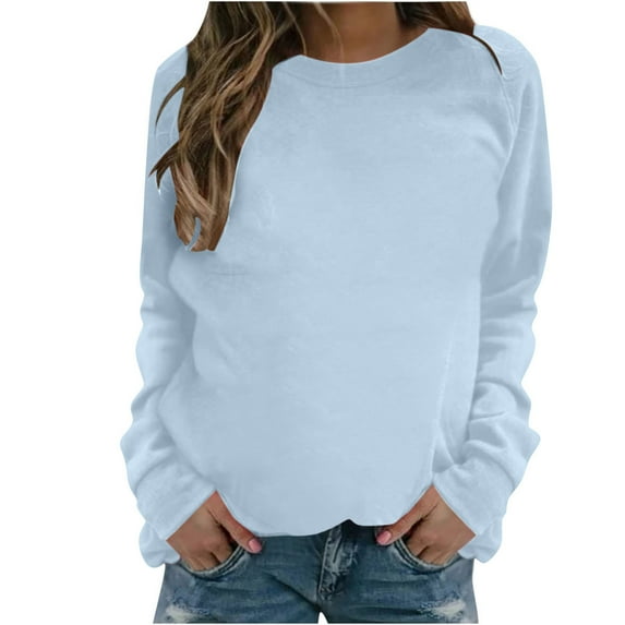 Scyoekwg Sweatshirts for Women Lightweight Comfy Long Sleeve Tops Solid Color Round Neck Sweatshirt Casual Loose Dressy Blouse Pullover Clearance (Light Blue,XXL)