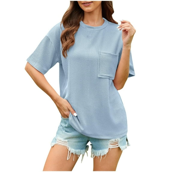 Scyoekwg T Shirts For Women Trendy Round Neck Basic Tops with Pocket Loose Summer Lightweight Solid Color Short Sleeve T Shirts Casual Comfy Blouses (Sky Blue,L)