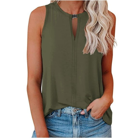 Scyoekwg Tank Top for Women Clearance Summer Casual Sleeveless Tops Trendy Relaxed Fit Classic Solid Color Round Neck Vest Shirts Lightweight Tunic Tee Tops Army Green L(8)