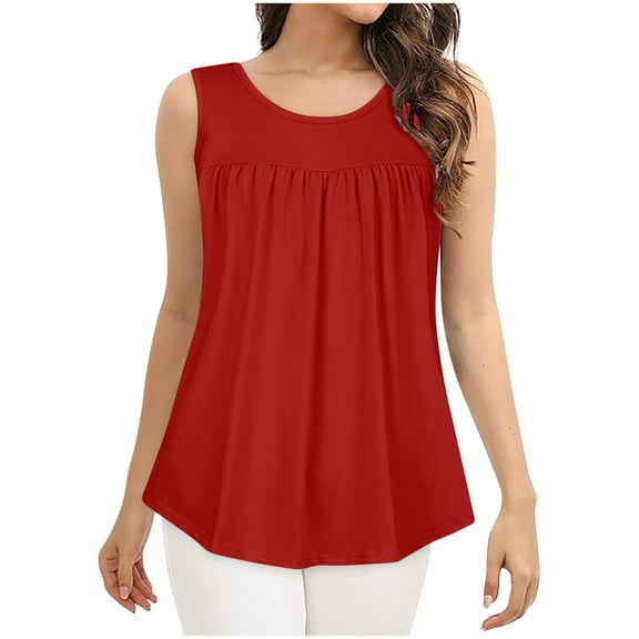Scyoekwg Tank Top for Women Summer Sleeveless Pleated Crewneck T Shirts Dressy Casual Tunic Blouses Solid Color Loose Blouses (Red,L)