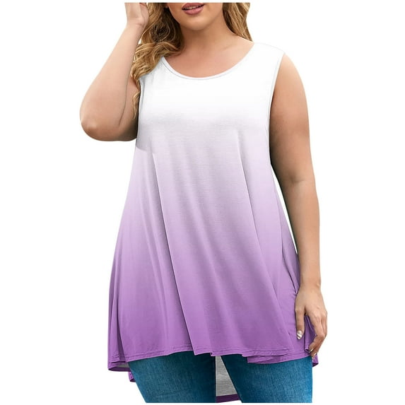Scyoekwg Tank Tops for Women Crew Neck Oversized Pleated Tunic Tops Sleeveless T Shirts Gradient Color Comfy Casual Loose Shirts Trendy Summer Tshirt Blouses (Purple,XL)