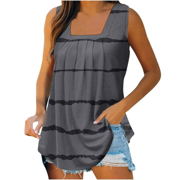 Scyoekwg Tank Tops for Women Sleeveless Square Neck Pleated Tunic Tank Tops Camisole Color Block Patchwork Graphic Tops Comfortable Vest Summer Loose Fit Causal Dark Gray L(8)
