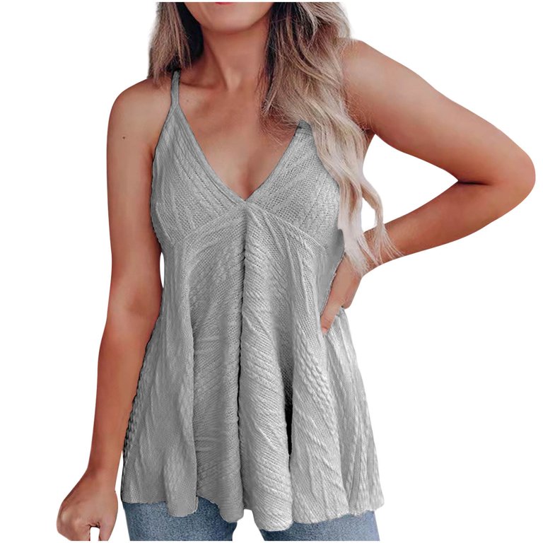 Scyoekwg Tank Tops Women Sleeveless Tops V-Neck Sheer Ribbed Pleated Tunic  T Shirts Summer Trendy Casual Loose Fit Blouse Solid Color Vest Spaghetti