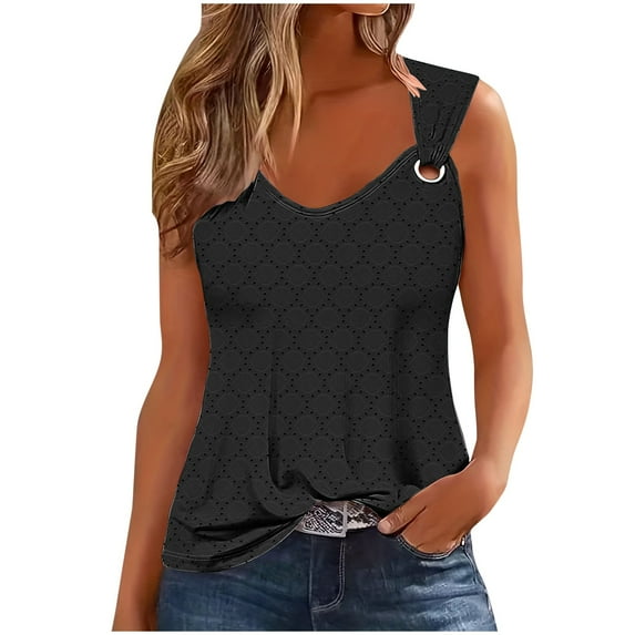 Scyoekwg Tank Tops Women Trendy Crewneck Hollow Out Sleeveless Eyelet Shirts Solid Color Ladies Tops Summer Loose Casual Blouses (Black,XL)