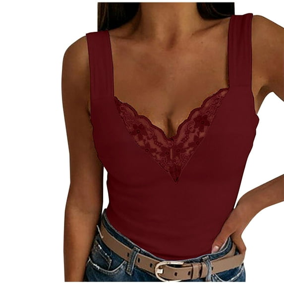 Scyoekwg Tank Tops for Women Camisole Casual Summer Basic Sling Sleeveless Tank Tops Loose V-Neck Lace Camisole Solid Color Shirts (Wine,M)