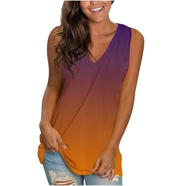 Scyoekwg Tank Tops for Women Sleeveless Tank Tops Casual Dressy Blouse Gradient Printed Suspenders Loose Sling V-Neck Summer T Shirts (Orange,S)