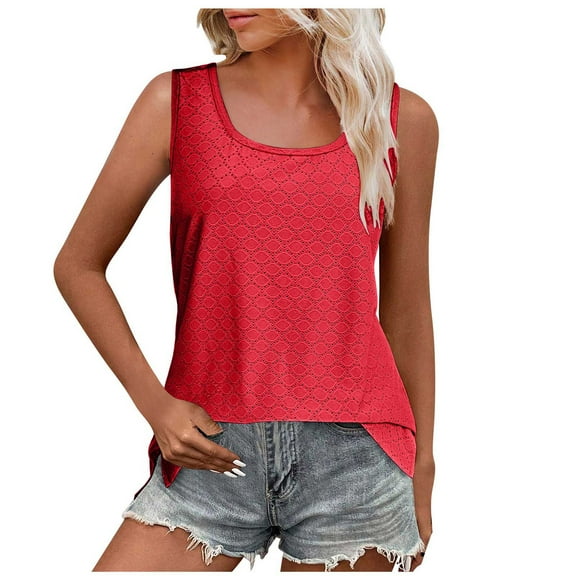 Scyoekwg Tank Tops for Women Summer Trendy Round Neck Sleeveless Eyelet Shirts Casual Solid Color Side Slit Tunic Tshirt (Red,XXL)