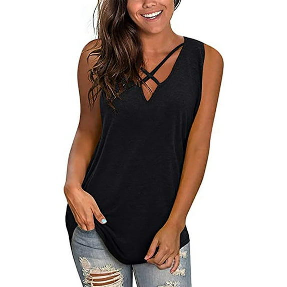 Scyoekwg Tank Tops for Women Suspenders Loose Solid Color Casual Dressy Blouse Sling Sleeveless Tank Tops Summer V-Neck Shirts (Black,L)