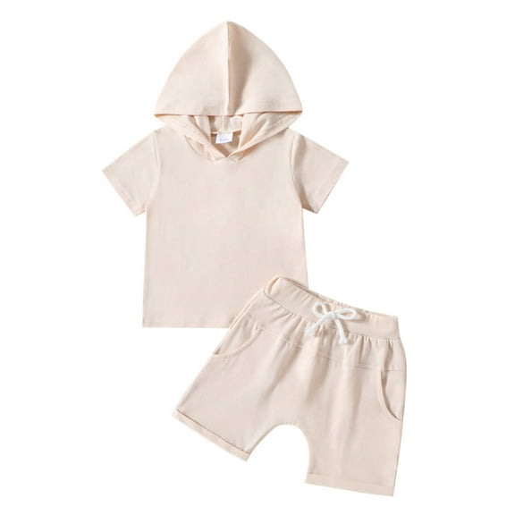 Scyoekwg Toddler Clothes Fashion Toddler Baby Girl Summer Casual Outfit Sets Neck Short Sleeve Hoodies Pullover Tops Shorts Solid Color 2Pcs Set Beige18 Months