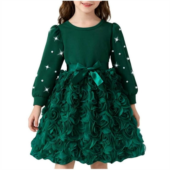 Scyoekwg Toddler Girl Birthday Dress Solid Color Comfy Long Sleeve Patchwork Bowknot Princess Dress Cute Dresses Crew Neck Dresses, Green, 4-5 Years