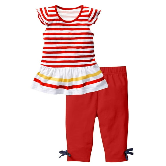Scyoekwg Toddler Girl Clothes Toddler Girls Clothes Stripe Round Neck Casual Short Sleeve Tops Solid Color Capri Pants 2Pcs Outfits Sets (Red,7 Years)