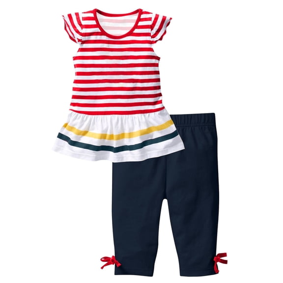 Scyoekwg Toddler Girl Clothes Toddler Girls Clothes Stripe Round Neck Casual Short Sleeve Tops Solid Color Capri Pants 2Pcs Outfits Sets (Watermelon Red,4 Years)