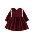 thumbnail image 1 of Scyoekwg Toddler Girls Dresses Long Sleeve Lace Patchwork Ruffled Sleeve Ruched A-Line Dress Cute Dresses Crew Neck Comfy Solid Color Dress, Wine, 2-3 Years, 1 of 8