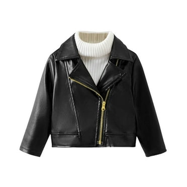Scyoekwg Toddler Girls Jacket Zipper Lapel Leather Jacket Long Sleeve Solid Color Comfy Fall Jacket (Black,3-4 Years)