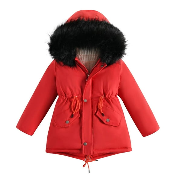 Scyoekwg Toddler Girls Winter Jacket Fashion Warm Thick Coats Zipper Button Long Sleeve Hooded Cotton Clothes Outwear (Red,5- 6 Years)