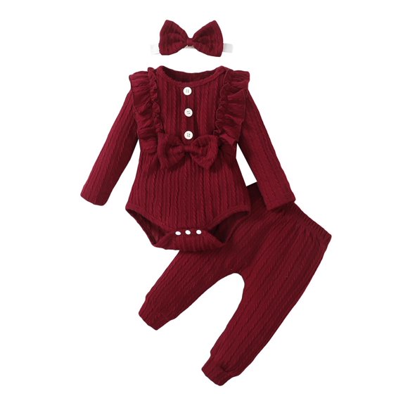 Scyoekwg Toddler Infant Baby Girl Fall Clothes Long Sleeve Ruffled Rib Knit Button Romper Long Pants Headband Casual Solid Color 3Pcs Outfit Set (Wine,6 Months)