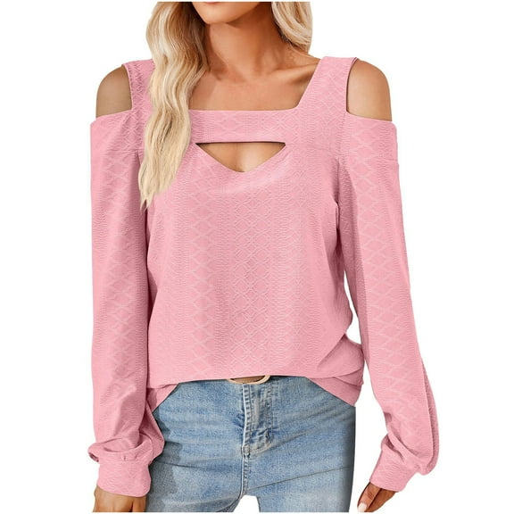 Scyoekwg Tops for Women Casual Fall Long Sleeve Shirts Cewneck Cold Shoulder Tops Fall Clothes Comfy Lightweight Loose Solid Color Vintage Pullover (Pink,L)