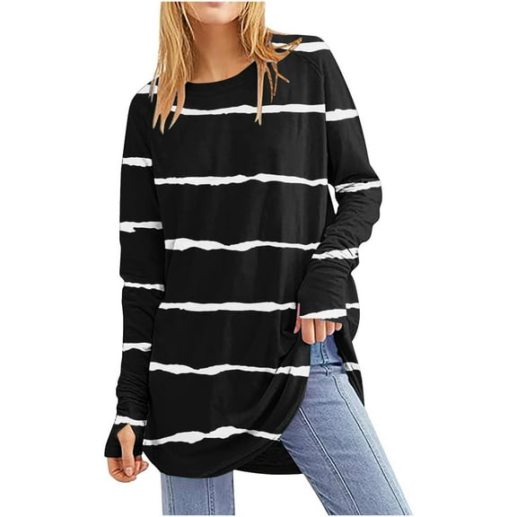 Scyoekwg Tops for Women Plus Size Oversized Round Neck Raglan Sleeve Long Tunic Shirts Lightweight Loose Tshirt Long Sleeve Stripe Print Dressy Casual Blouses (Black,S)