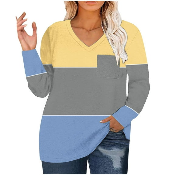 Scyoekwg Tops for Women Plus Size V Neck Tunic Shirts Dressy Casual Blouse Long Sleeve Tops for Women Trendy Color Block Lightweight Loose Blouses (Yellow,XXL)