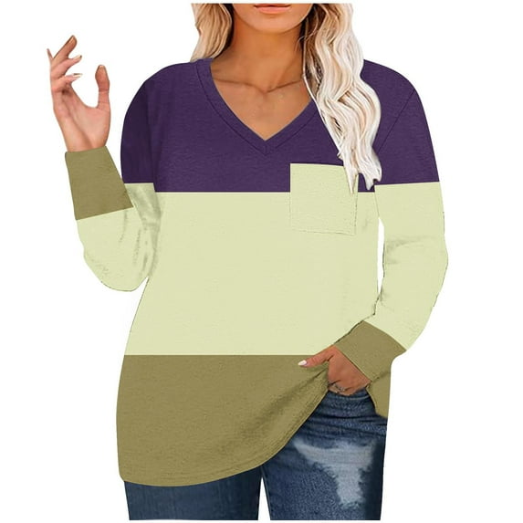 Scyoekwg Tops for Women Plus Size V Neck Tunic Shirts Dressy Casual Blouse Long Sleeve Tops for Women Trendy Color Block Lightweight Loose Blouses (Dark Blue,XXXL)