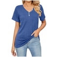 thumbnail image 1 of Scyoekwg Tops for Women Short Sleeve T Shirts V-Neck Button Loose Fit Shirts Short Sleeve Tops Summer Solid Color Tees Shirt Casual Blouse Tops Blue XL(10), 1 of 5