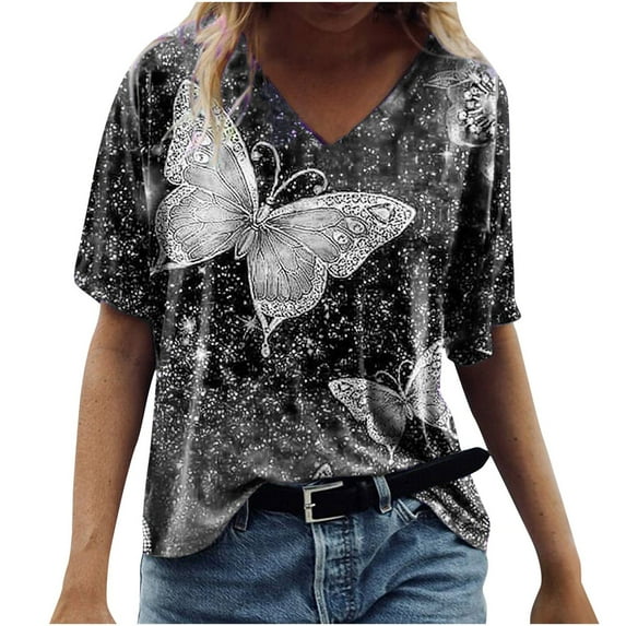 Scyoekwg Tops for Women Short Sleeve Tunic Tops to Wear with Leggings V Neck Tunic Shirts Loose Fit Blouses Comfy Graphic Tees Pattern Print Fall Fashion Womens Blouses Gray XL