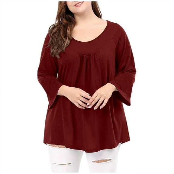 Scyoekwg Tops for Women Trendy Fall Shirts Comfy Clothes for Women Loose Pullover Tops Solid Color Long Sleeve Crewneck Pleated Tunic Tops Dressy Casual Blouses(Wine,L)