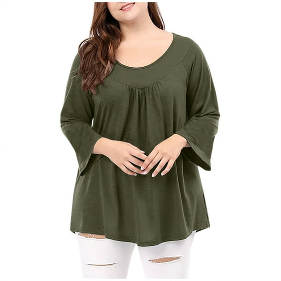 Scyoekwg Tops for Women Trendy Fall Shirts Comfy Clothes for Women Loose Pullover Tops Solid Color Long Sleeve Crewneck Pleated Tunic Tops Dressy Casual Blouses(Army Green,M)