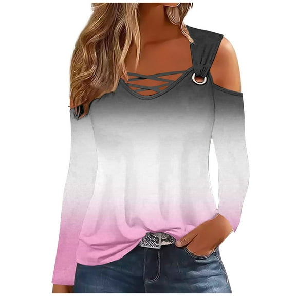 Scyoekwg Tops for Women Trendy Fall Shirts Loose Dressy Casual Comfy Clothes for Women Gradient Color Graphic Tee V-Neck Off Shoulder Tops Long Sleeve Pullover Tops (Pink,XL)