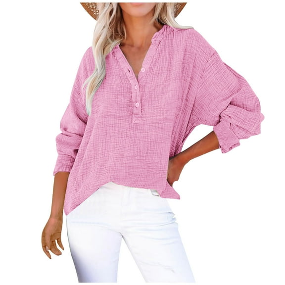 Scyoekwg Tops for Women Trendy Fall Y2k Clothes Dressy Casual V-Neck Button Tops Loose Trendy Solid Color Graphic Tops Long Sleeve Pullover Tops(Pink,M)
