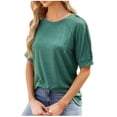 thumbnail image 1 of Scyoekwg Tops For Women Trendy Round Neck Button Sleeve Tshirt Loose Summer Comfy Lightweight Solid Color Short Sleeve T Shirts Casual Blouses (Green,XL), 1 of 7