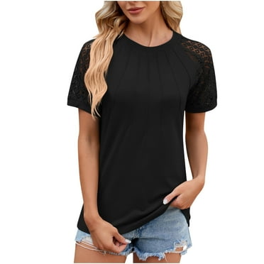 Scyoekwg Tops for Women Trendy Summer Tops Tshirt Crewneck Lace Basic Tops Classic Solid Color Loose Comfy Blouse Short Sleeve Going Out Tops Casual Blouses (Black,XXL)